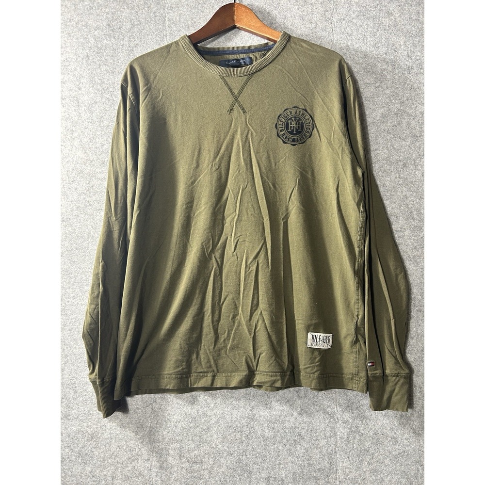 Tommy Hilfiger Preppy Crest Logo Patch Olive Long Sleeve Heritage Shirt Large